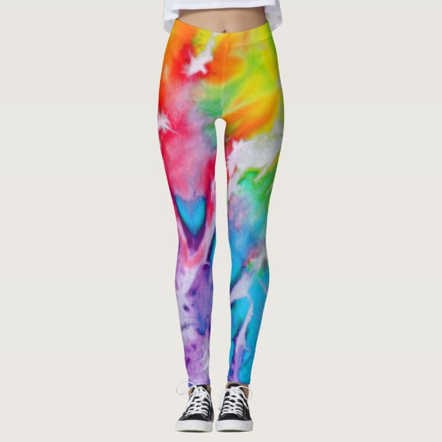 Colourful Abstract Rainbow Watercolor Tie Dye Yoga Leggings (Front)