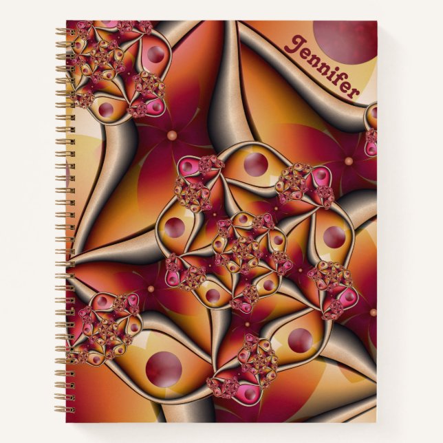 Colourful Abstract Red Orange Fantasy Fractal Name Notebook (Front)