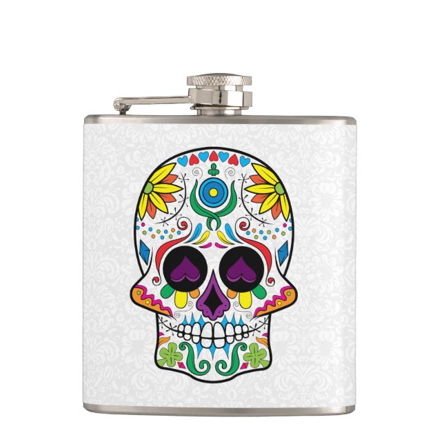 Colourful Abstract Retro Floral Sugar Skull Hip Flask (Front)