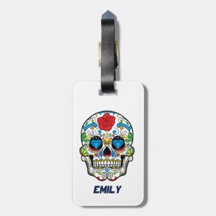Colourful Abstract Retro Sugar Skull Red Rose Luggage Tag