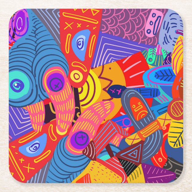 Colourful Abstract Shapes, Circles, Lines & Dots Square Paper Coaster (Front)