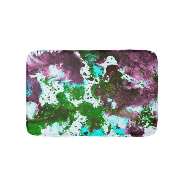 Colourful Abstract Splatter Paint Green and Purple Bath Mat (Front)