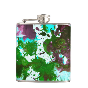 Colourful Abstract Splatter Paint Green and Purple Hip Flask