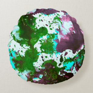 Colourful Abstract Splatter Paint Green and Purple Round Cushion