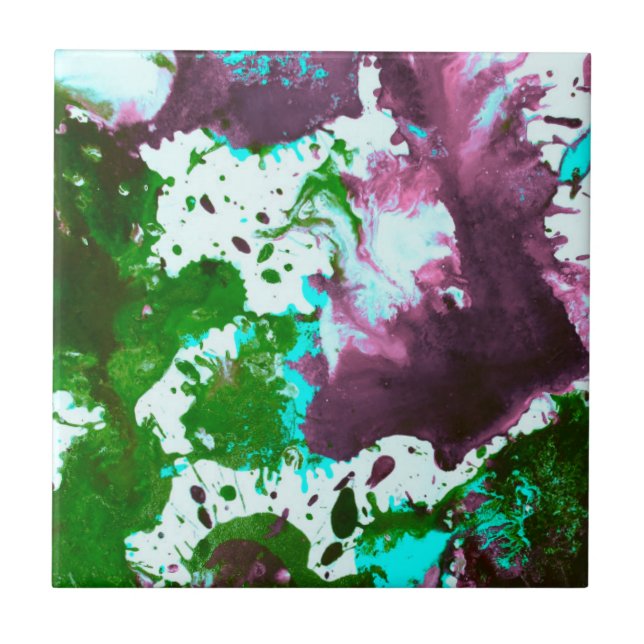 Colourful Abstract Splatter Paint Green and Purple Tile (Front)