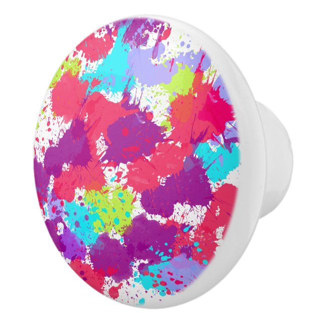 Colourful Abstract Splatter Paint, Red and Purple Ceramic Knob (Right)