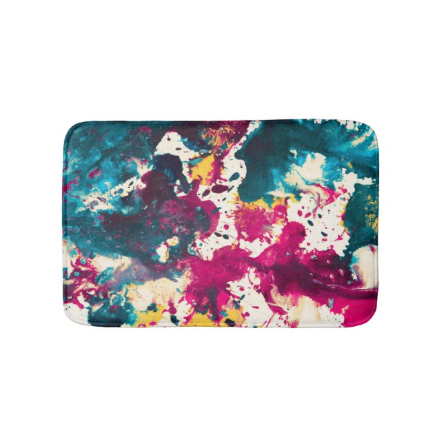 Colourful Abstract Splatter Paint Teal and Magenta Bath Mat (Front)