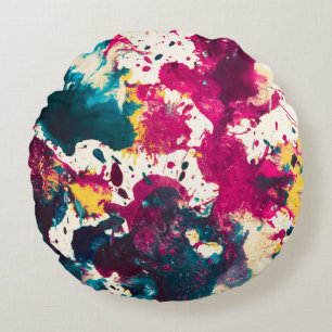 Colourful Abstract Splatter Paint Teal and Magenta Round Cushion