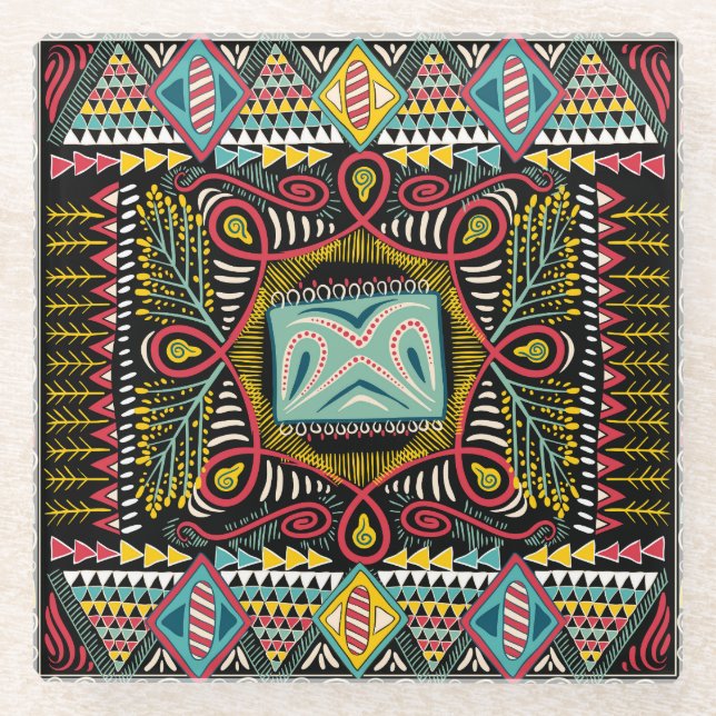 Colourful abstract: square pocket design. glass coaster (Front)
