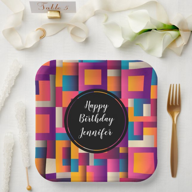 Colourful Abstract Squares and Shapes Paper Plate (Wedding)