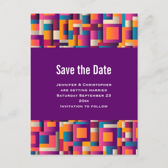Colourful Abstract Squares and Shapes Save the Dat Invitation Postcard (Front)