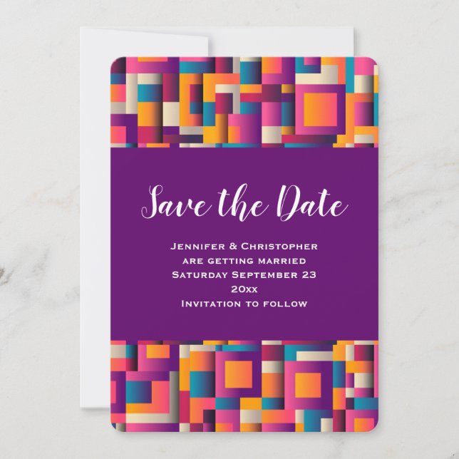 Colourful Abstract Squares and Shapes Wedding Save The Date (Front)