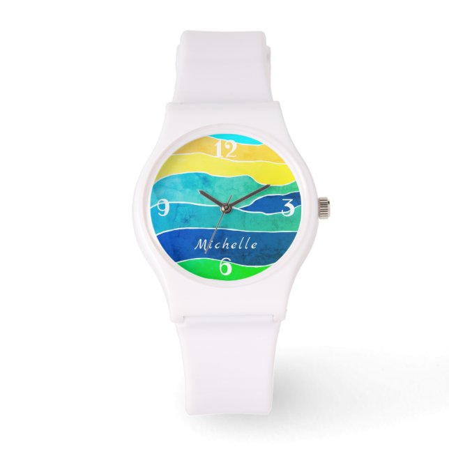 Colourful Abstract Stripe Pattern Monogram Name Watch (Front)