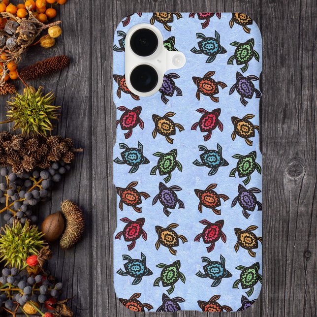 Colourful Abstract Swimming Turtles (Bunch of abstract turtles all with different coloured shells on light blue phone case.)