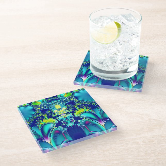Colourful Abstract Symmetrical Fractal Art Glass Coaster (Angled)