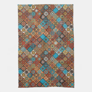 Colourful abstract tile pattern design tea towel
