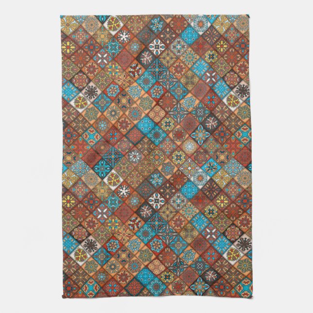 Colourful abstract tile pattern design tea towel (Vertical)
