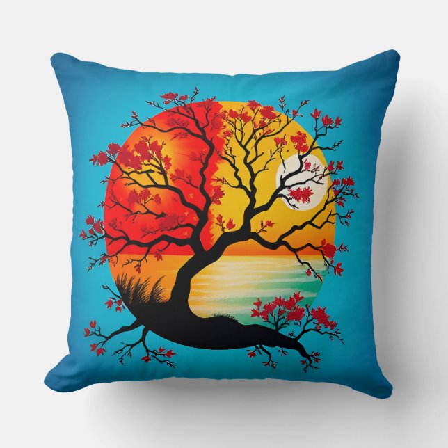 Colourful Abstract Tree Silhouette at Sunset Cushion (Front)