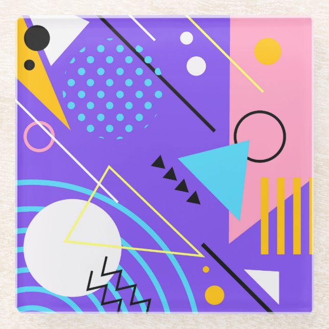 Colourful Abstract Triangles, Circles and Lines Glass Coaster (Front)