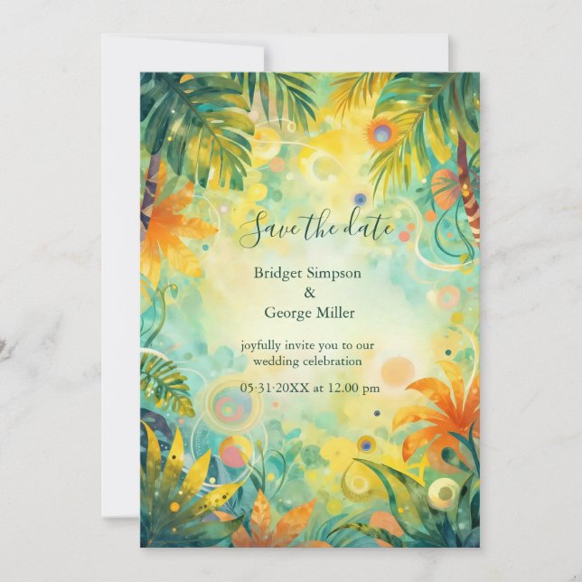 colourful abstract Tropical Hawaii palms Wedding Invitation (Front)