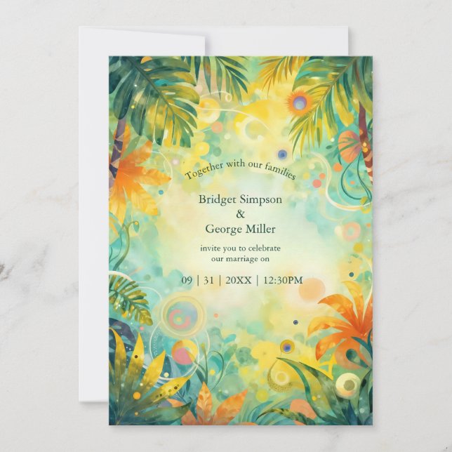 colourful abstract Tropical Hawaii palms Wedding Invitation (Front)