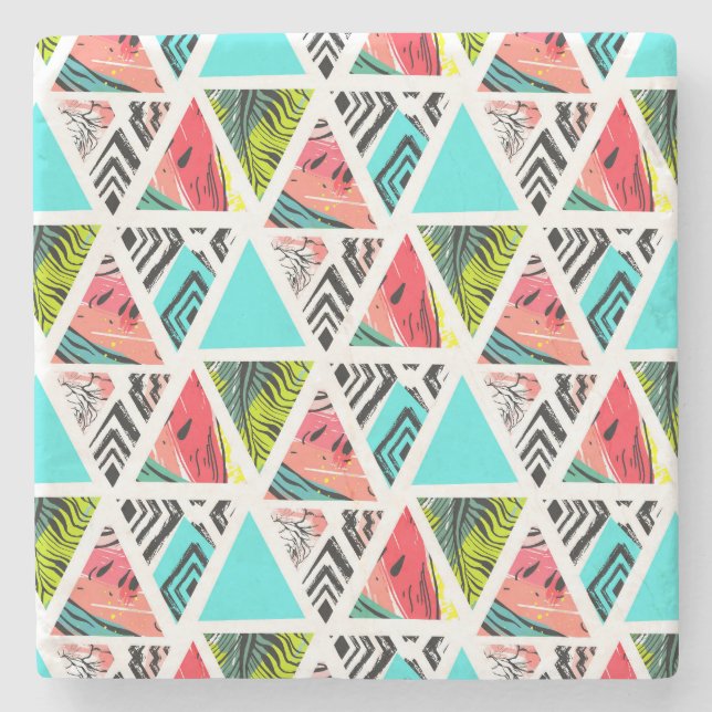 Colourful Abstract Tropical Pattern Stone Coaster (Front)