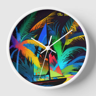 Colourful Abstract Tropical Sailboat Palm Trees Clock