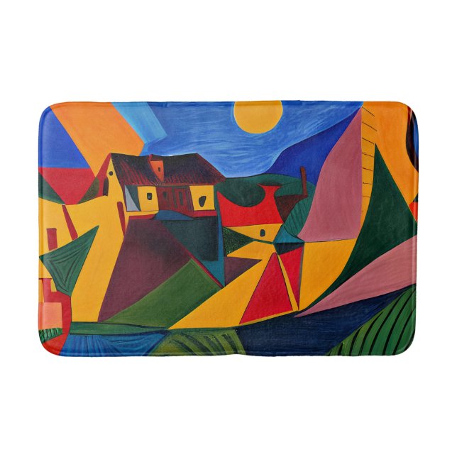 Colourful abstract village bath mat (Front)