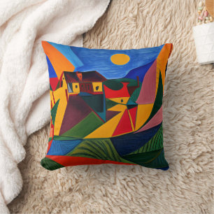 Colourful abstract village landscape  cushion