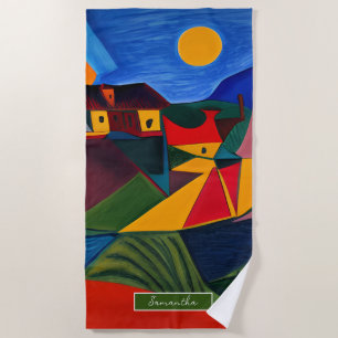 Colourful abstract village landscape personalised  beach towel