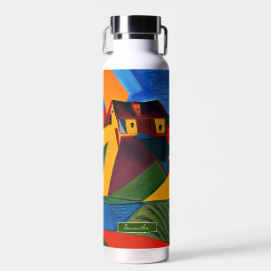 Colourful abstract village landscape personalised water bottle
