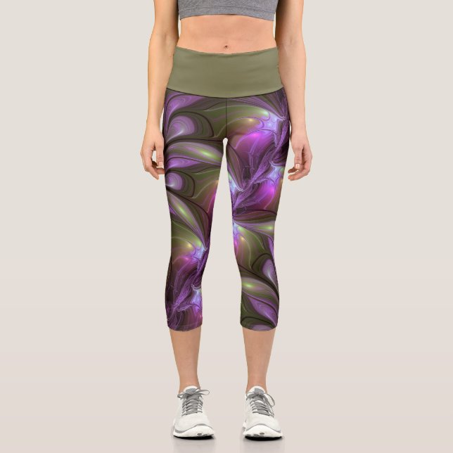 Colourful Abstract Violet Purple Khaki Fractal Art Capri Leggings (Front)
