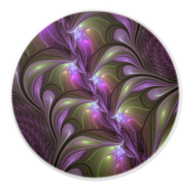Colourful Abstract Violet Purple Khaki Fractal Art Ceramic Knob (Front)