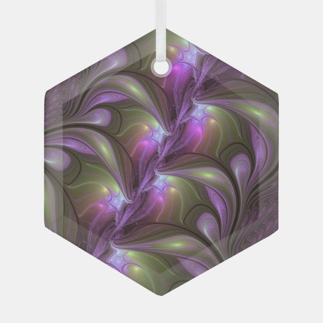 Colourful Abstract Violet Purple Khaki Fractal Art Glass Tree Decoration (Front)