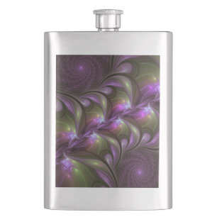 Colourful Abstract Violet Purple Khaki Fractal Art Hip Flask