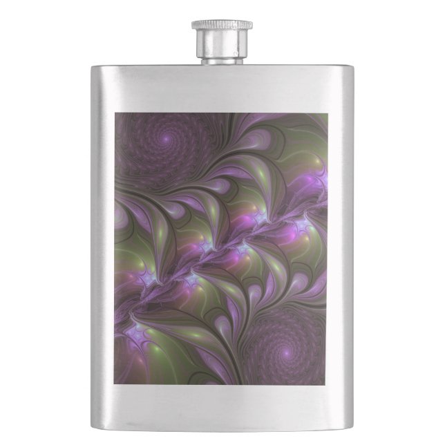 Colourful Abstract Violet Purple Khaki Fractal Art Hip Flask (Front)
