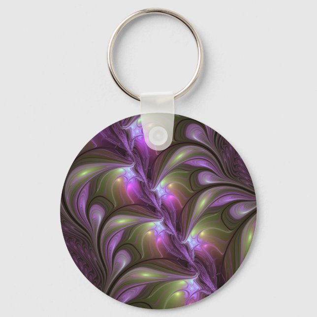 Colourful Abstract Violet Purple Khaki Fractal Art Key Ring (Front)