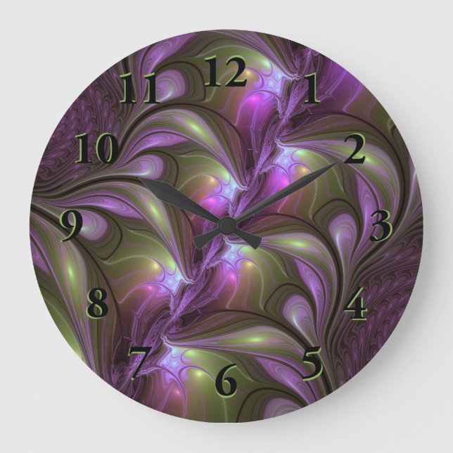 Colourful Abstract Violet Purple Khaki Fractal Art Large Clock (Front)