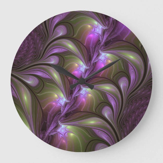 Colourful Abstract Violet Purple Khaki Fractal Art Large Clock (Front)