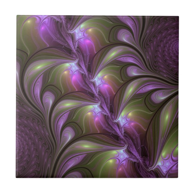 Colourful Abstract Violet Purple Khaki Fractal Art Tile (Front)