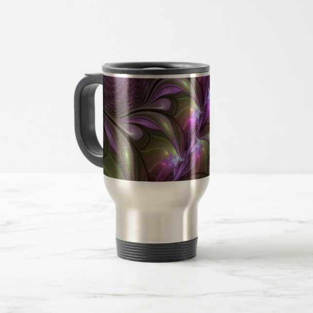 Colourful Abstract Violet Purple Khaki Fractal Art Travel Mug (Front Left)