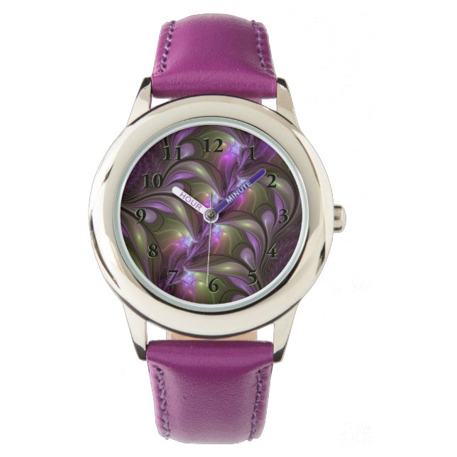 Colourful Abstract Violet Purple Khaki Fractal Art Watch (Front)