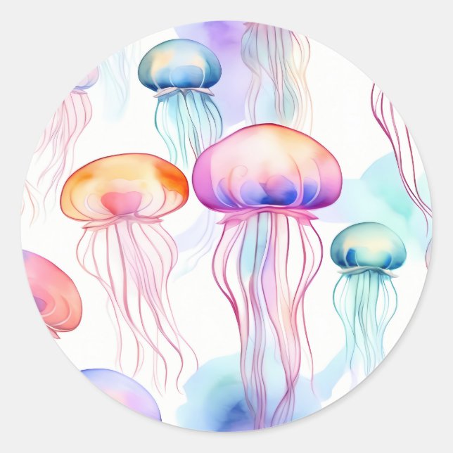 Colourful abstract watercolor jellyfish classic round sticker (Front)