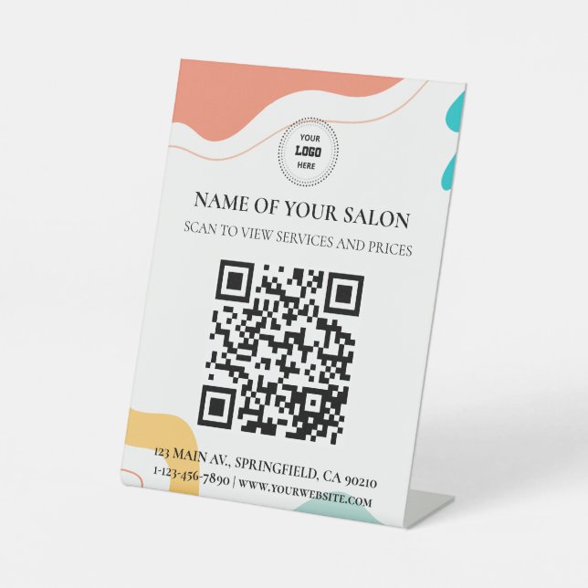 Colourful Abstract Wave QR Code Salon Services Sig Pedestal Sign (Front)
