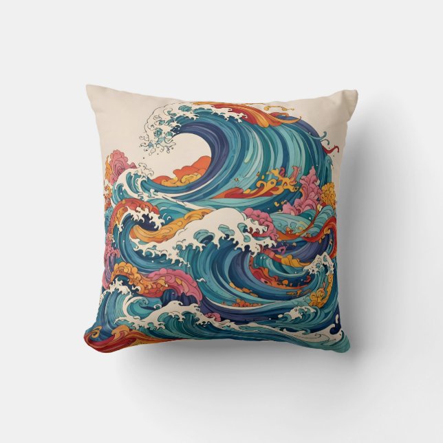 Colourful Abstract Waves Throw Pillow (Front)