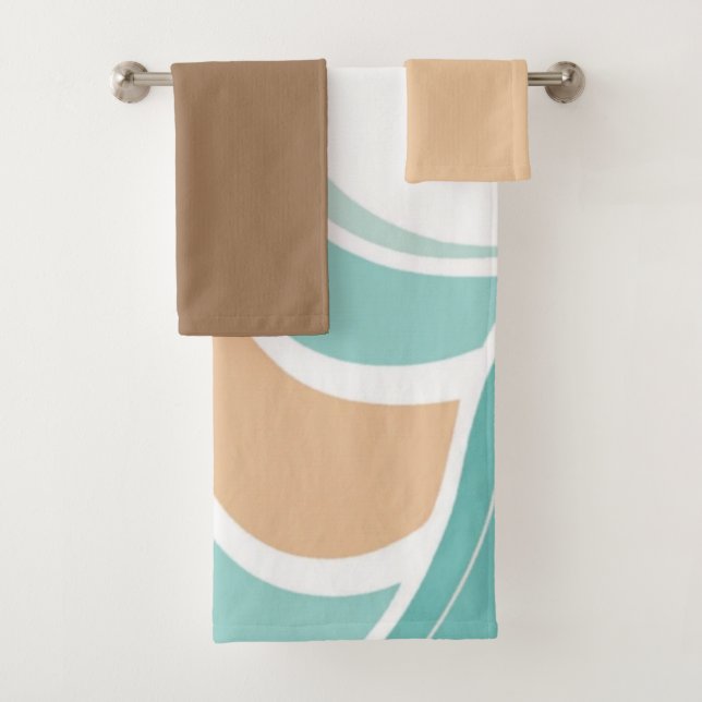 Colourful abstract wavy blue orange brown bath towel set (Insitu)