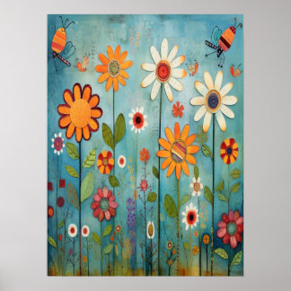 Colourful Abstract Wildflowers Nursery Botanical Poster