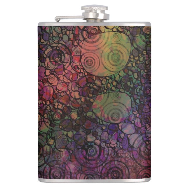 Colourful Abstract with Black & Grungy Circles Hip Flask (Front)