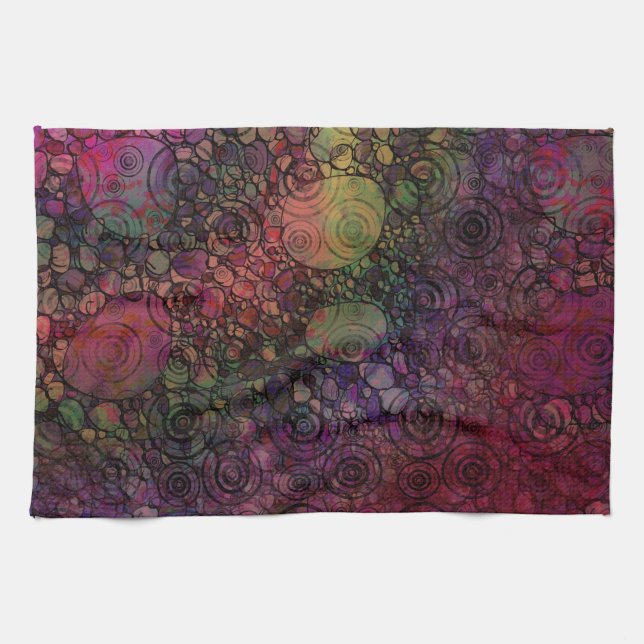 Colourful Abstract with Black & Grungy Circles Tea Towel (Horizontal)