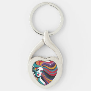 Colourful Abstract Woman with Flowing Hair Art Key Ring
